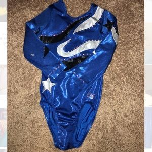 GK Royal Blue Metallic Gymnastics Leotard with Silver & Black Accents